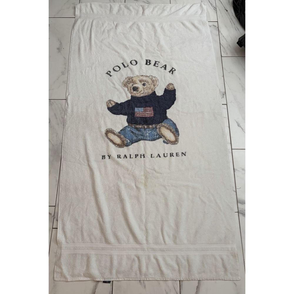 VTG 90s Ralph Lauren Polo Bear Bath Beach Towel White American Flag USA Cotton